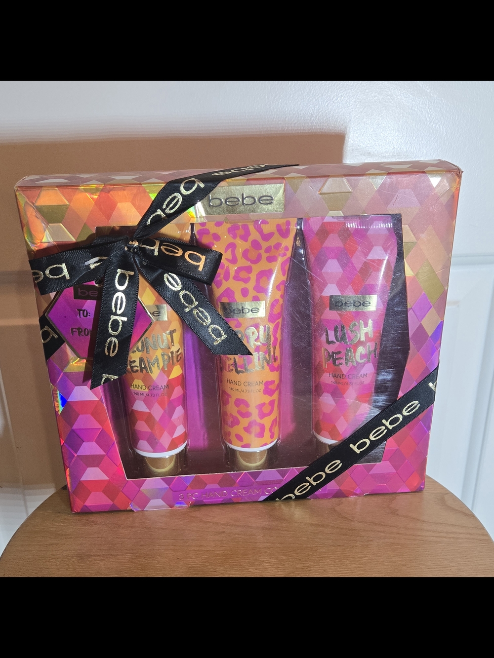 bebe 3 Piece Hand Cream Gift Set Coconut Cream Pie, Berry Belini And Lush Peach